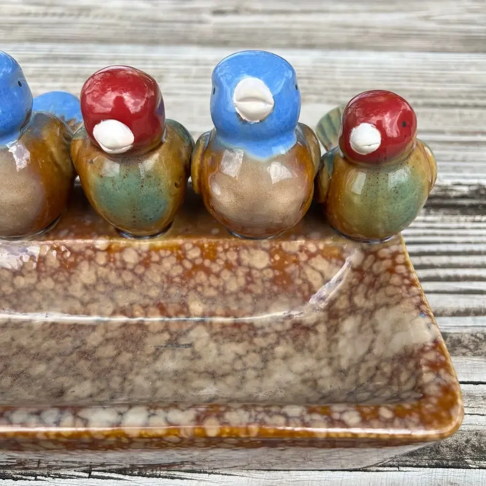 Vintage Hand Painted Ceramic Bird Tray Rustic Pottery Catchall Farmhouse Dish